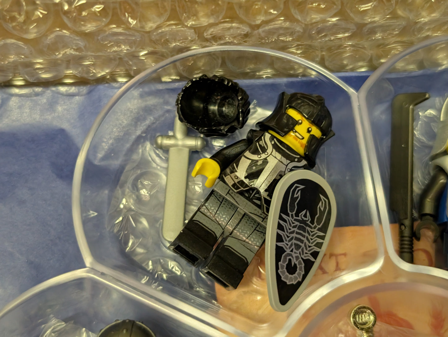 LEGO figure with a sword and shield in a clear plastic case.